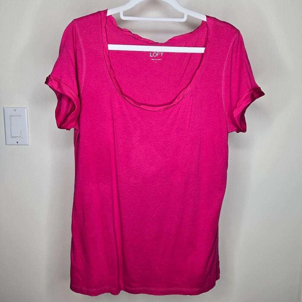 LOFT Women's Fushia Pink Scoop Neck Short Sleeve Blousey T-Shirt Size L